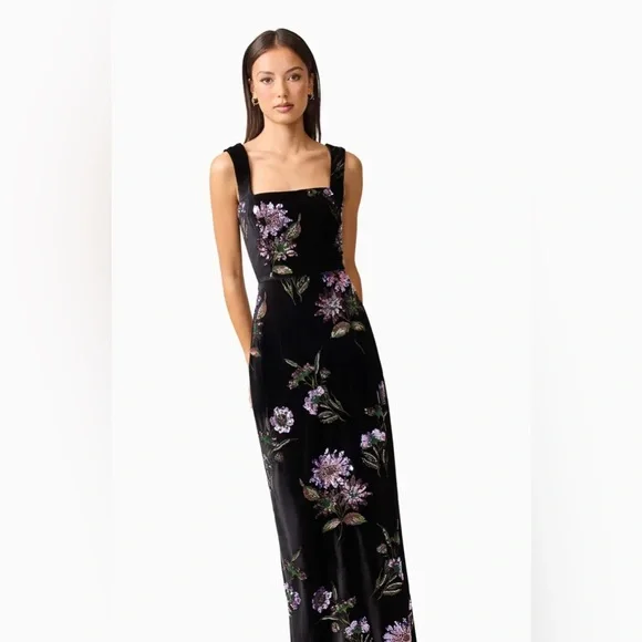 NWT Elliatt black sequin floral velvet Cljo gown - Picture 4 of 12